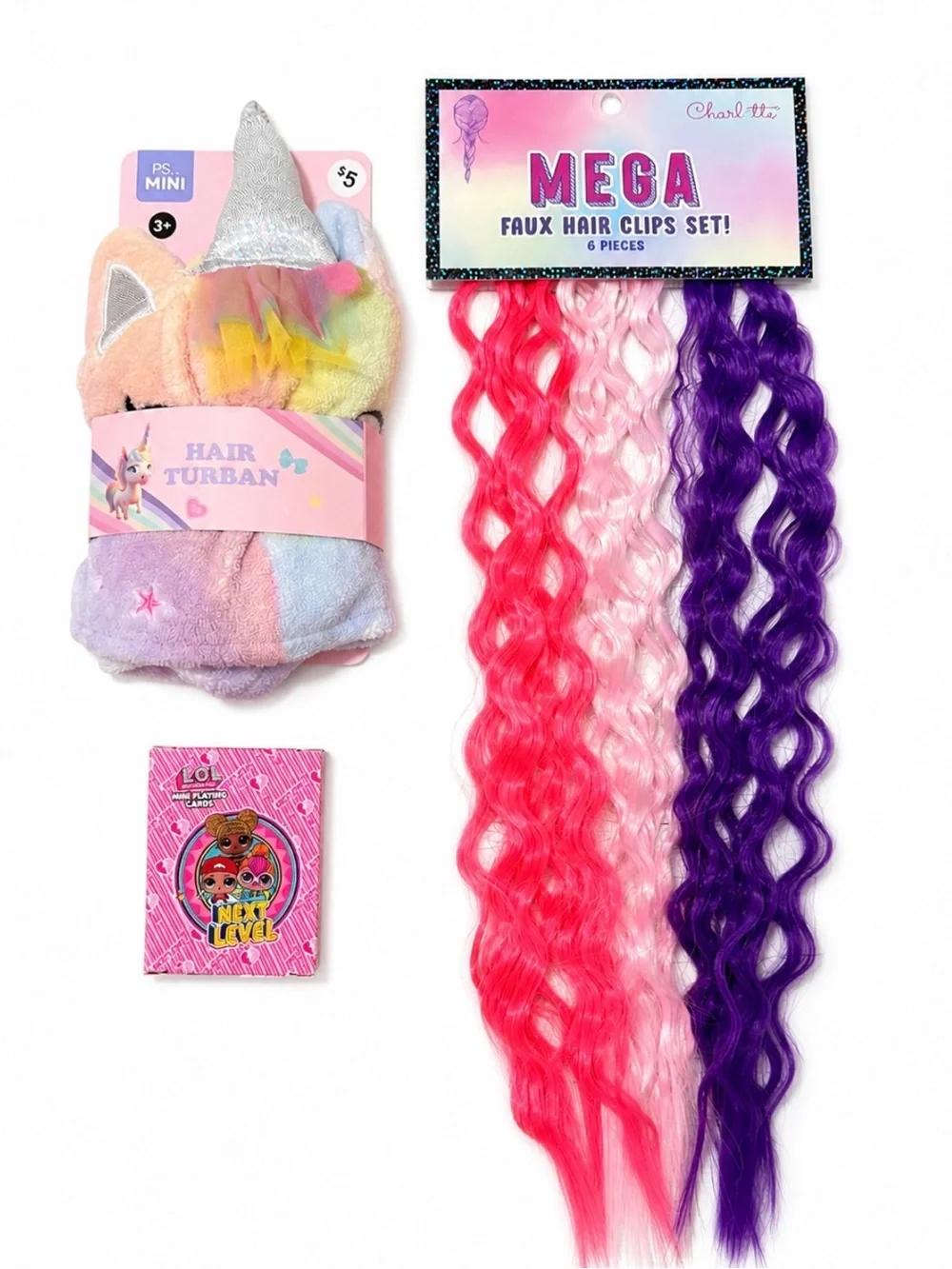 Mega Faux Hair Clips Set + Unicorn Hair Turban - Pink, Purple, Rainbow
